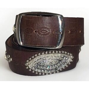 Y2K Wide Rhinestone Studded Western Leather Belt Brown Tooled L 34 B-low USA